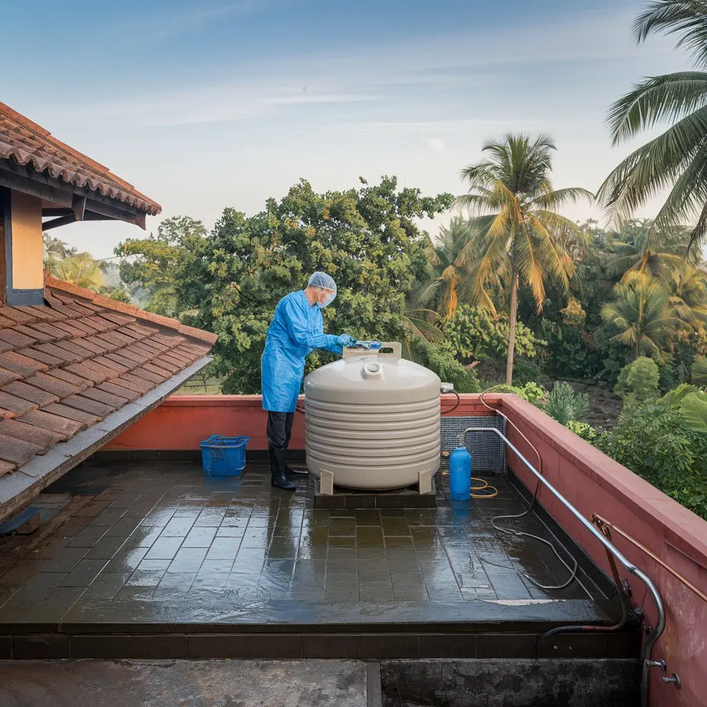 A man in a protective suit meticulously cleans a large water tank, ensuring safety and hygiene in the process.