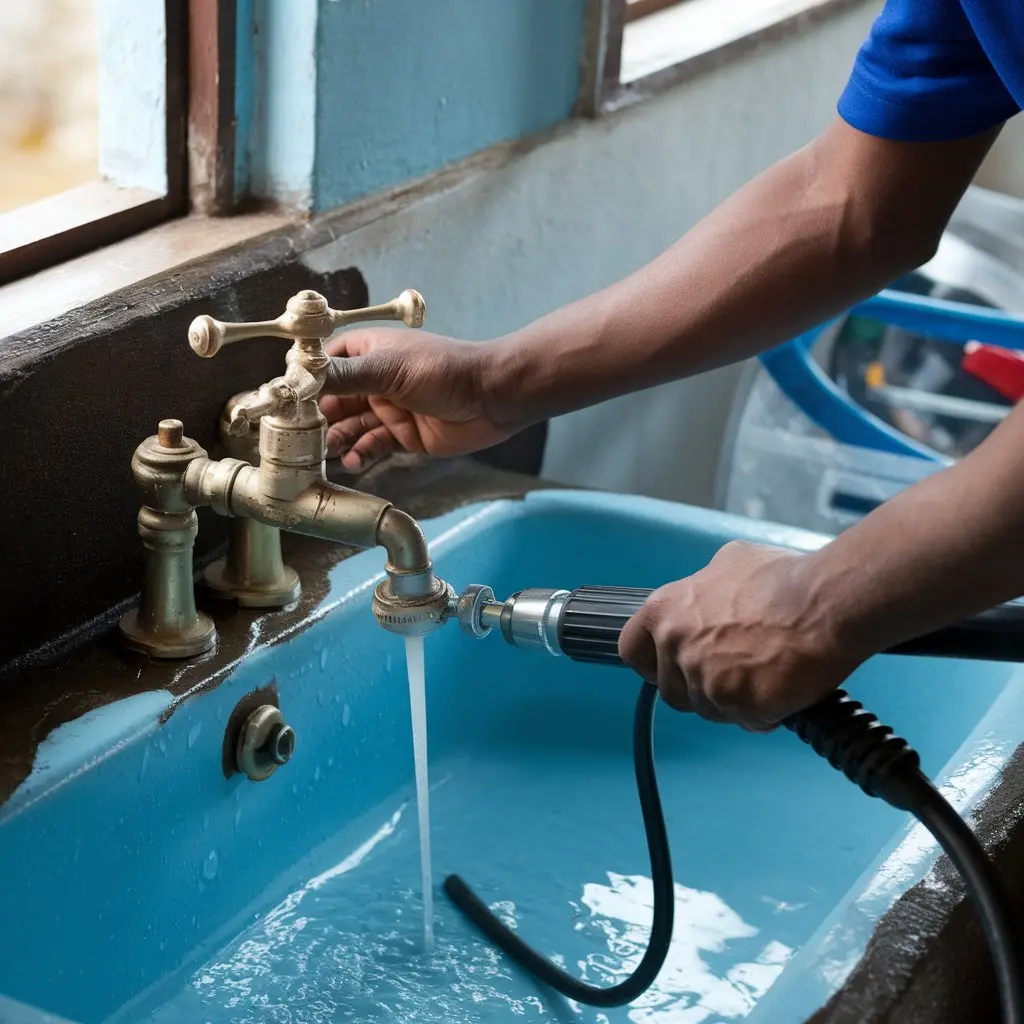 A man washes a blue sink with a hose, demonstrating effective cleaning techniques.