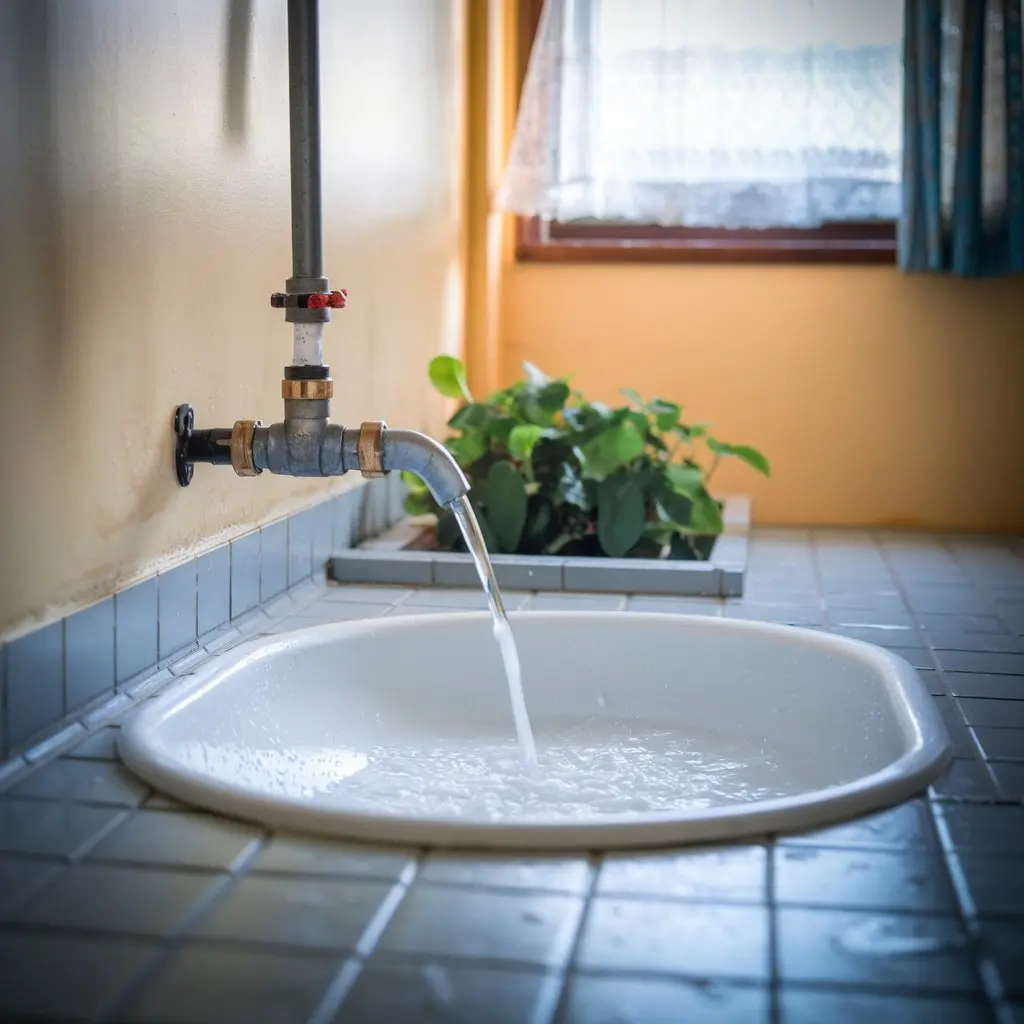  A sink featuring a faucet that is actively running water into it, illustrating a typical household setting.